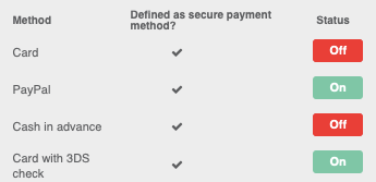 Settings payment methods